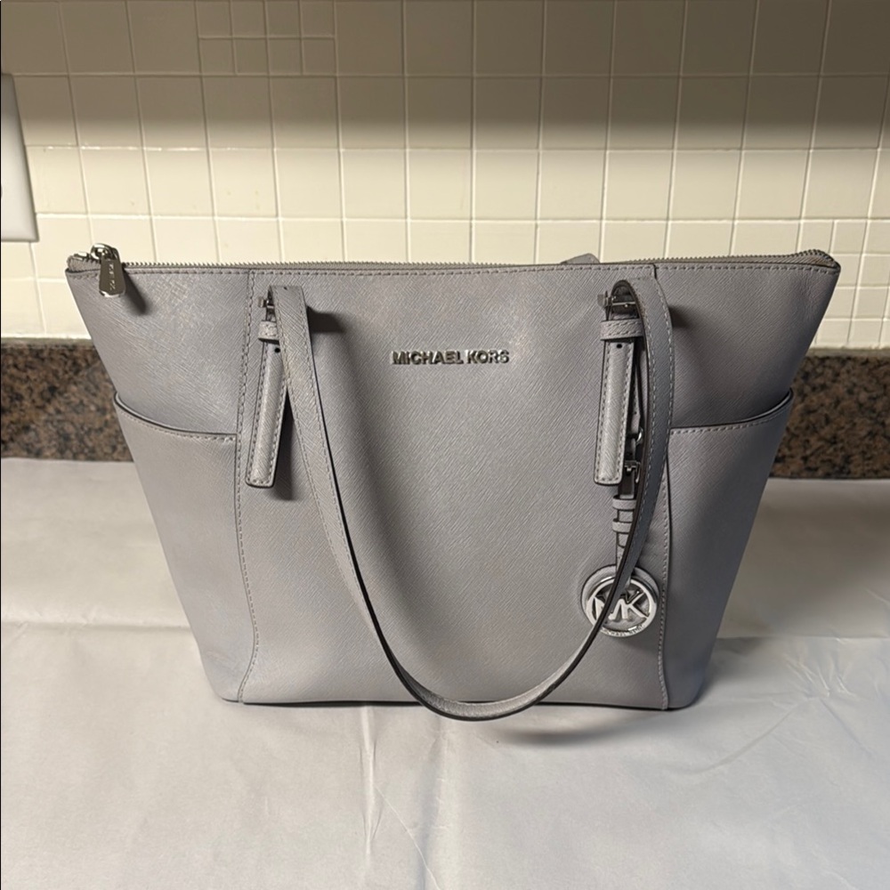 Michael Kors Saffiano Leather Gray Charlotte Tote Bag